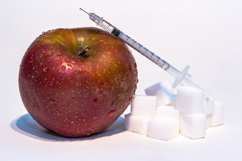 Dürfen Katzen Apfel essen? - Diabetes Hier siehst Du einen Apfel mit Zucker und einer Spritze daneben.